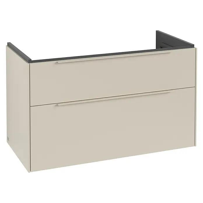 Villeroy & Boch Subway 3.0 Waschbeckenunterschrank - Cashmere Grey, Anzahl Schubladen: 2 Stk., Farbe Griff: Monochrom, B x T x H: 97,3 x 47,8 x 57,6 cm, Mit Beleuchtung - Beigefarbener Waschtischunterschrank mit zwei Schubladen und dunkelgrauer Ablage.