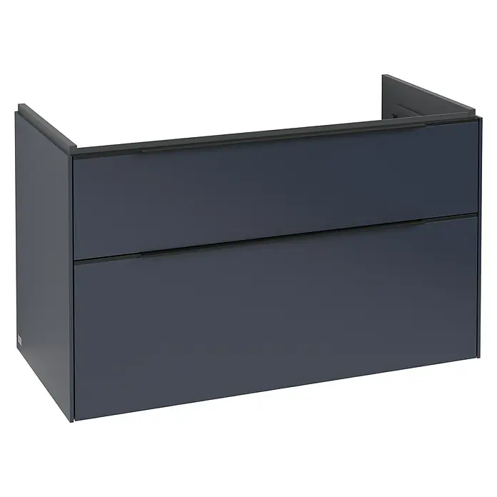 Villeroy & Boch Subway 3.0 Waschbeckenunterschrank - Marine Blue, Anzahl Schubladen: 2 Stk., Farbe Griff: Volcano Black, B x T x H: 97,3 x 47,8 x 57,6 cm, Mit Beleuchtung - Dunkelgrauer Wandschrank mit zwei Schubladen und integrierten Griffen.