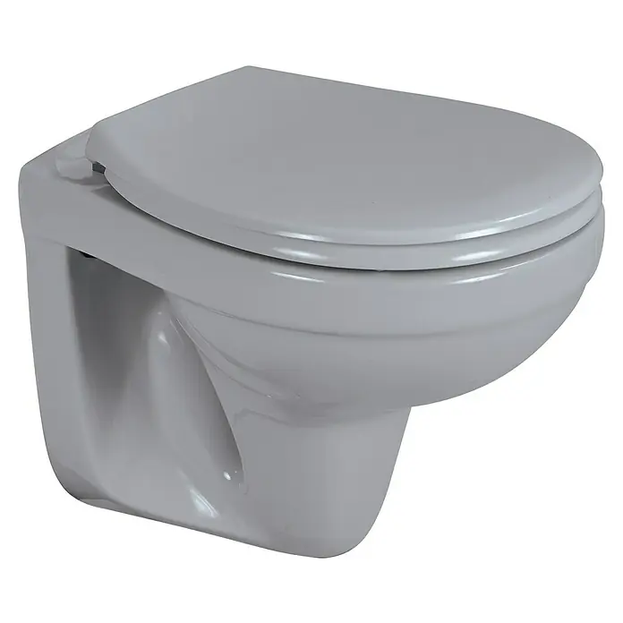 Sanicomfort Wand-WC - Spülrandlos, Ohne Spezialglasur, Spülform: Tief, WC Abgang: Waagerecht, Manhattan Grau - Weißes Wand-WC aus Keramik mit geschlossenem Deckel.