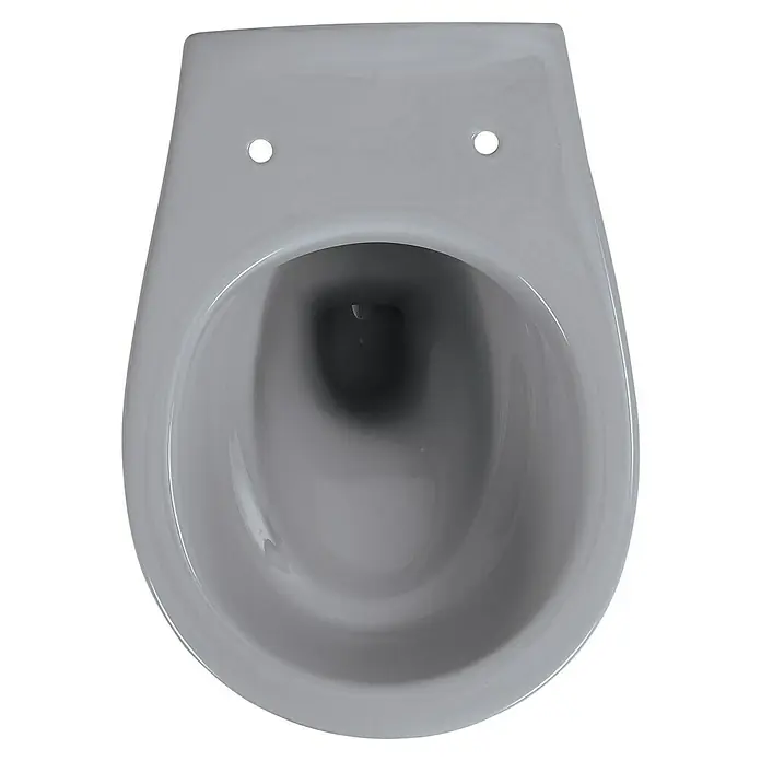 Sanicomfort Wand-WC - Spülrandlos, Ohne Spezialglasur, Spülform: Tief, WC Abgang: Waagerecht, Manhattan Grau - Weißes Keramik-WC, von oben gesehen, mit zwei Befestigungslöchern.
