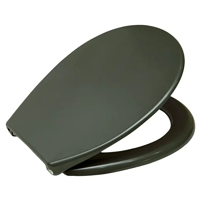 Sanicomfort WC-Sitz - Duroplast, Anthrazit, Mit Absenkautomatik - Anthrazitfarbener WC-Sitz mit teilweise geöffnetem Deckel.