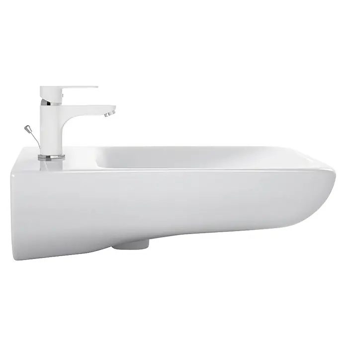 Waschtisch Rivo Square - 65,5 x 55 cm, Ohne Spezialglasur, Hahnloch: Mitte, Mit Überlauf, Weiß - Weißes Keramikbidet mit integrierter weißer Armatur und Chromdetails.