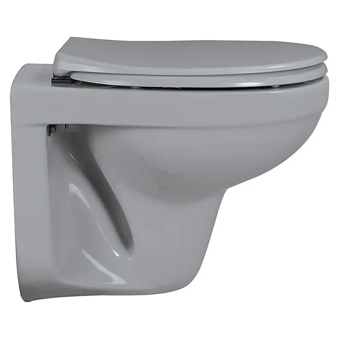 Sanicomfort Wand-WC - Spülrandlos, Ohne Spezialglasur, Spülform: Tief, WC Abgang: Waagerecht, Manhattan Grau - Weißes wandhängendes Keramik-WC mit geschlossenem grauem Soft-Close-Deckel.