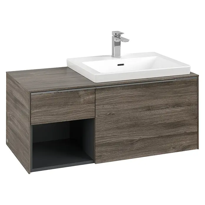 Villeroy & Boch Subway 3.0 Waschbeckenunterschrank - Stone Oak, Anzahl Schubladen: 2 Stk., Farbe Griff: Aluminium glänzend, B x T x H: 100,1 x 51,6 x 42,3 cm, Offenes Fach links - Dunkler Waschtischunterschrank in Holzoptik mit weißem Becken und Chromarmatur. Mit Schubladen und offenem Fach.