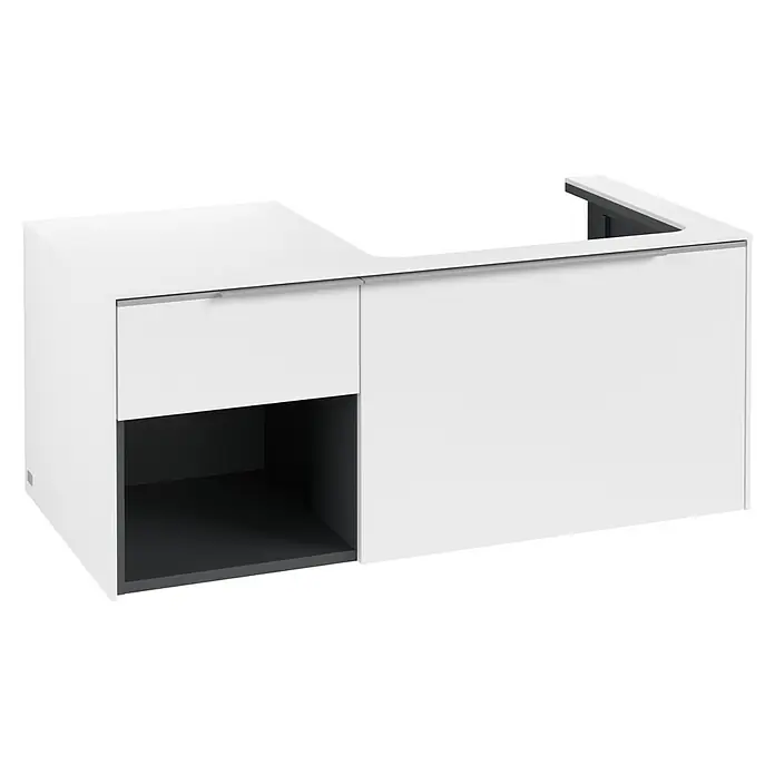 Villeroy & Boch Subway 3.0 Waschbeckenunterschrank - Pure White, Anzahl Schubladen: 2 Stk., Farbe Griff: Aluminium glänzend, B x T x H: 100,1 x 51,6 x 42,3 cm, Offenes Fach links - Weißer Waschtischunterschrank mit Schublade, offenem Fach und rechter Aussparung für ein Waschbecken.