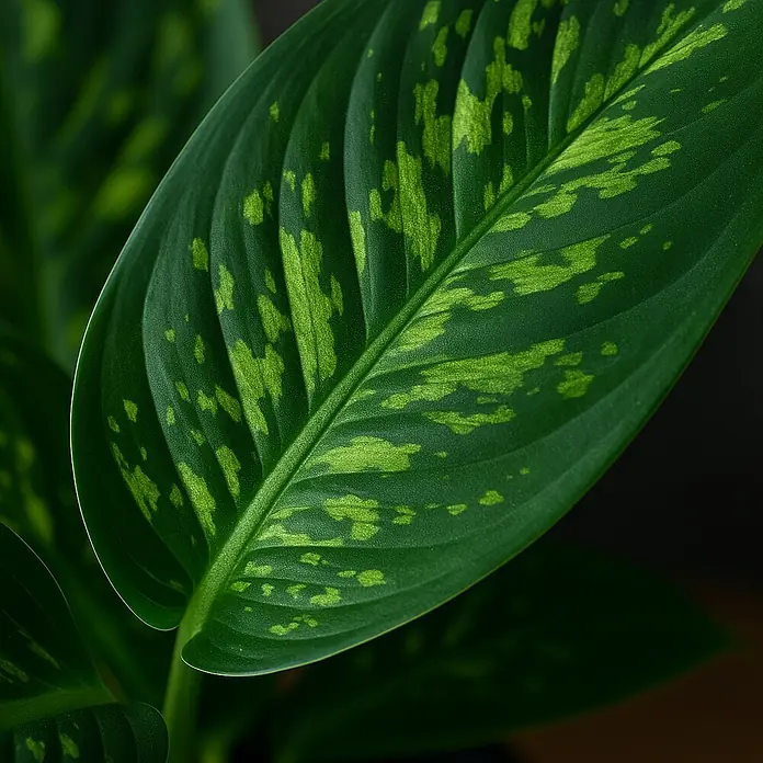 Piardino Herzblattpflanze - Homalomena rubescens 'Camouflage', Topfgröße: 12 cm - Nahaufnahme eines Dieffenbachia-Blattes mit auffälliger grüner Musterung, die die Schönheit der Natur widerspiegelt.