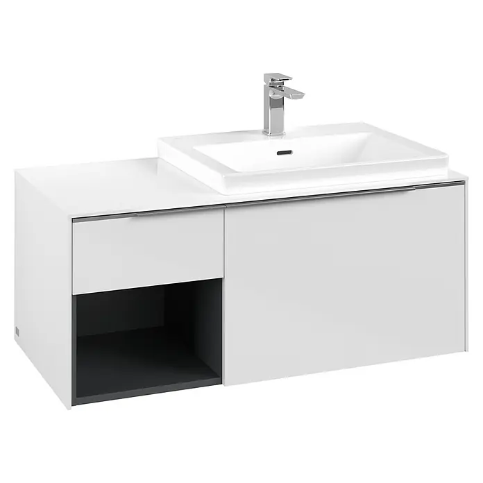 Villeroy & Boch Subway 3.0 Waschbeckenunterschrank - Brilliant White, Anzahl Schubladen: 2 Stk., Farbe Griff: Aluminium glänzend, B x T x H: 100,1 x 51,6 x 42,3 cm, Offenes Fach links - Weißer Badunterschrank mit integriertem Waschbecken und Chromarmatur, mit Schublade, offenem Fach und Schrank.