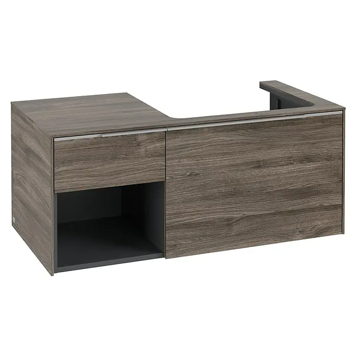 Villeroy & Boch Subway 3.0 Waschbeckenunterschrank - Stone Oak, Anzahl Schubladen: 2 Stk., Farbe Griff: Aluminium glänzend, B x T x H: 100,1 x 51,6 x 42,3 cm, Offenes Fach links - L-förmiger Waschtisch aus dunklem Holz mit einer Schublade und offenem Stauraum, eleganten Metallgriffen.