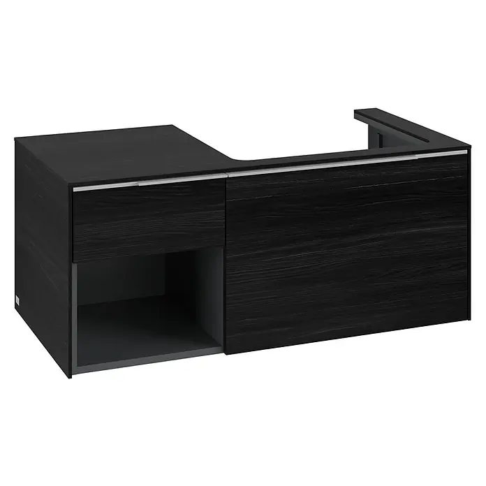 Villeroy & Boch Subway 3.0 Waschbeckenunterschrank - Black Oak, Anzahl Schubladen: 2 Stk., Farbe Griff: Aluminium glänzend, B x T x H: 100,1 x 51,6 x 42,3 cm, Offenes Fach links - Dunkelbrauner Waschtischunterschrank mit Schublade, offenem Fach und Siphonausschnitt. Silberne Griffe.