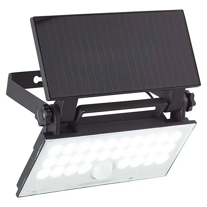 Brilliant Solar-Außenwandleuchte Luton - 6 W, L x B x H: 19,1 x 19,4 x 4,3 cm, Schwarz, IP65, 1.000 lm - Schwarzer Solar-LED-Flutlichtstrahler mit integriertem Solarpanel und Bewegungssensor.