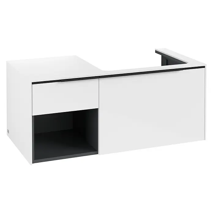 Villeroy & Boch Subway 3.0 Waschbeckenunterschrank - Brilliant White, Anzahl Schubladen: 2 Stk., Farbe Griff: Volcano Black, B x T x H: 100,1 x 51,6 x 42,3 cm, Offenes Fach links - Weißer moderner Badunterschrank mit schwarzen Griffen und offenem schwarzen Fach, mit U-förmigem Ausschnitt für ein Waschbecken.