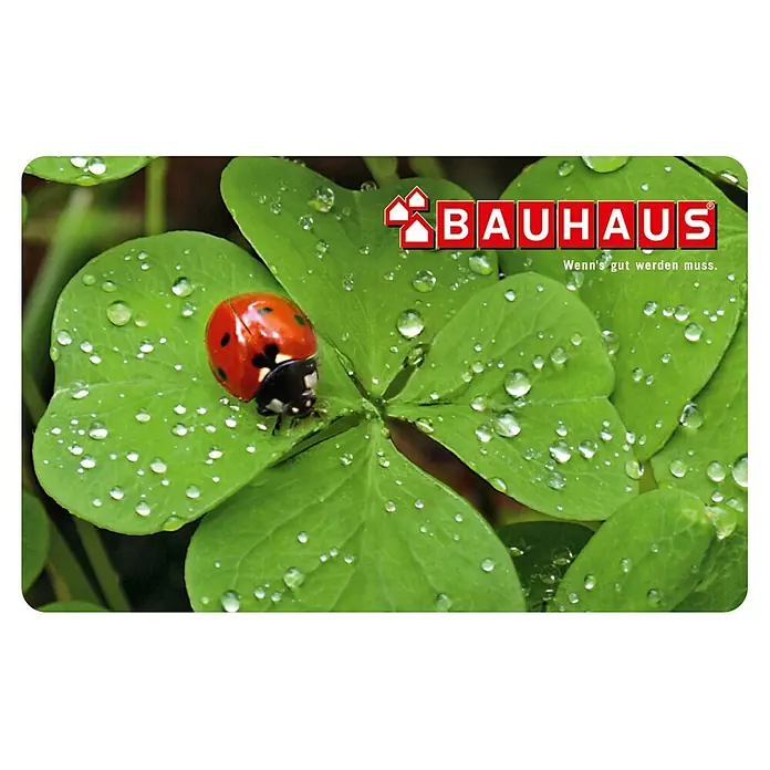 Gutscheinkarte - Per Postversand, Individueller Betrag, Kleeblatt - Bauhaus Fußmatte mit Kleeblatt- und Marienkäfer-Motiv. Diese robuste Matte bringt Glück und hält den Eingangsbereich sauber.