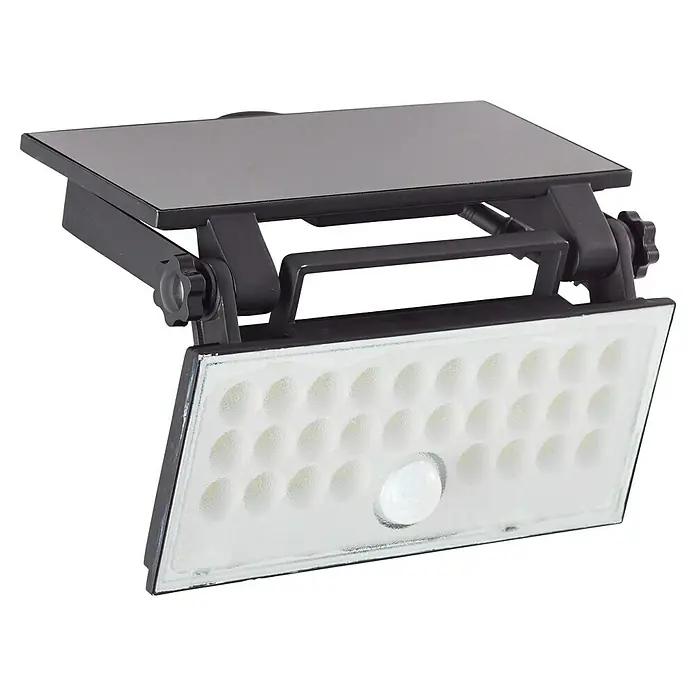 Brilliant Solar-Außenwandleuchte Luton - 6 W, L x B x H: 19,1 x 19,4 x 4,3 cm, Schwarz, IP65, 1.000 lm - Schwarzer solarbetriebener LED-Flutlichtstrahler mit Bewegungssensor und verstellbarem Solarpanel.