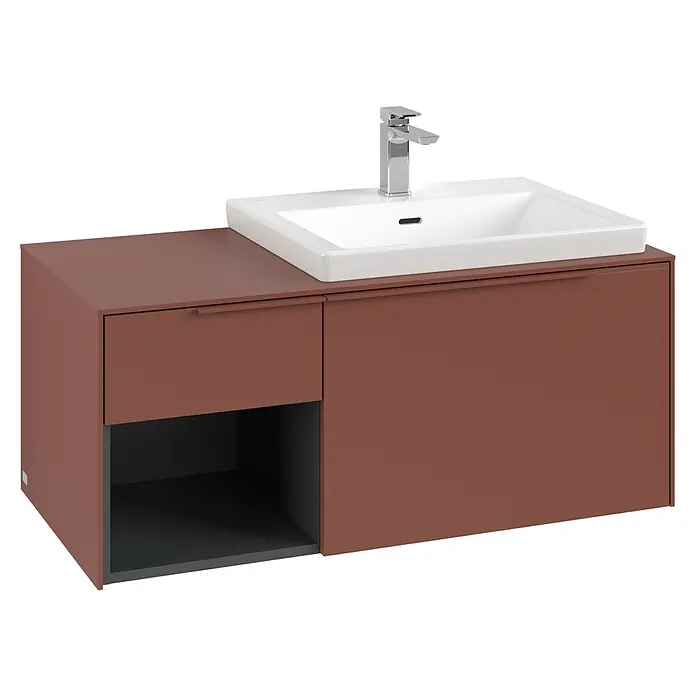 Villeroy & Boch Subway 3.0 Waschbeckenunterschrank - Wine Red, Anzahl Schubladen: 2 Stk., Farbe Griff: Monochrom, B x T x H: 100,1 x 51,6 x 42,3 cm, Offenes Fach links - Modernes Badezimmerwaschtisch in Rostbraun mit weißem Keramikbecken, Chromarmatur, Schublade und offenem Stauraum.