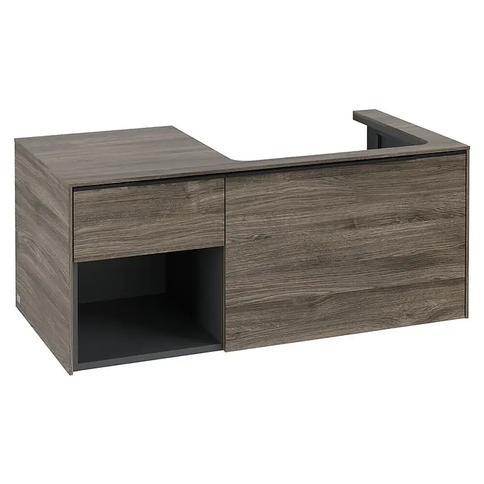 Villeroy & Boch Subway 3.0 Waschbeckenunterschrank - Stone Oak, Anzahl Schubladen: 2 Stk., Farbe Griff: Volcano Black, B x T x H: 100,1 x 51,6 x 42,3 cm, Offenes Fach links - Modernes Badmöbel in dunkler Holzoptik mit Schublade, offenem Fach und Ausschnitt für ein Waschbecken.
