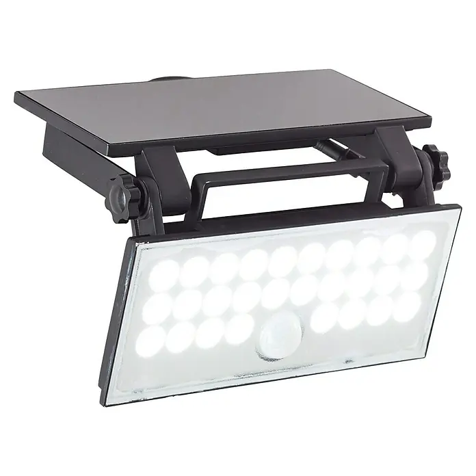 Brilliant Solar-Außenwandleuchte Luton - 6 W, L x B x H: 19,1 x 19,4 x 4,3 cm, Schwarz, IP65, 1.000 lm - Schwarzer Solar-LED-Flutlichtstrahler mit Solarpanel oben, weißem LED-Feld, Bewegungssensor und verstellbarer Halterung.