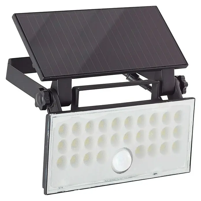 Brilliant Solar-Außenwandleuchte Luton - 6 W, L x B x H: 19,1 x 19,4 x 4,3 cm, Schwarz, IP65, 1.000 lm - Schwarzer solarbetriebener LED-Flutlichtstrahler mit integriertem Bewegungssensor und verstellbarer Halterung.
