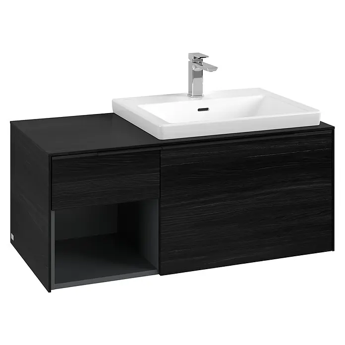 Villeroy & Boch Subway 3.0 Waschbeckenunterschrank - Black Oak, Anzahl Schubladen: 2 Stk., Farbe Griff: Volcano Black, B x T x H: 100,1 x 51,6 x 42,3 cm, Offenes Fach links - Dunkler Holzwaschtisch mit weißem Keramikbecken und Chromarmatur.