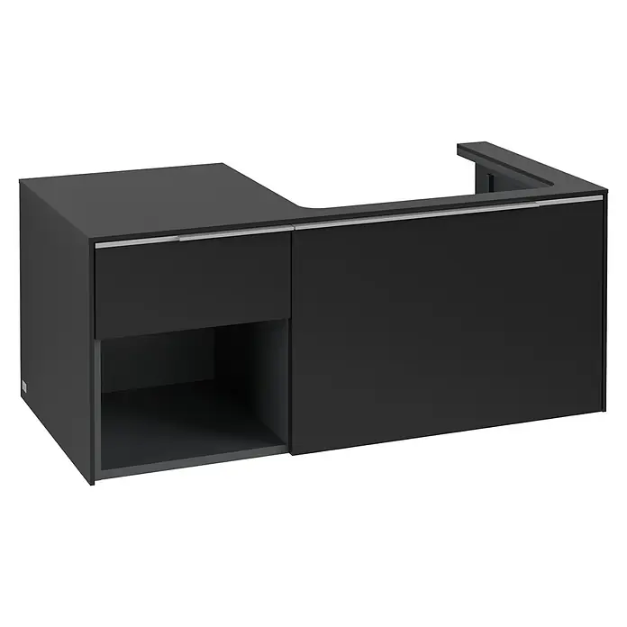Villeroy & Boch Subway 3.0 Waschbeckenunterschrank - Volcano Black, Anzahl Schubladen: 2 Stk., Farbe Griff: Aluminium glänzend, B x T x H: 100,1 x 51,6 x 42,3 cm, Offenes Fach links - Dunkelgrauer L-förmiger Unterschrank mit Schublade, offenem Fach und langem geschlossenem Bereich, mit silbernen Griffen.