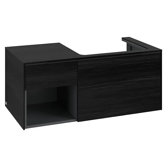 Villeroy & Boch Subway 3.0 Waschbeckenunterschrank - Black Oak, Anzahl Schubladen: 2 Stk., Farbe Griff: Volcano Black, B x T x H: 100,1 x 51,6 x 42,3 cm, Offenes Fach links - Schwarzer Waschtischunterschrank aus Holz mit offener Ablage und Waschtischausschnitt.