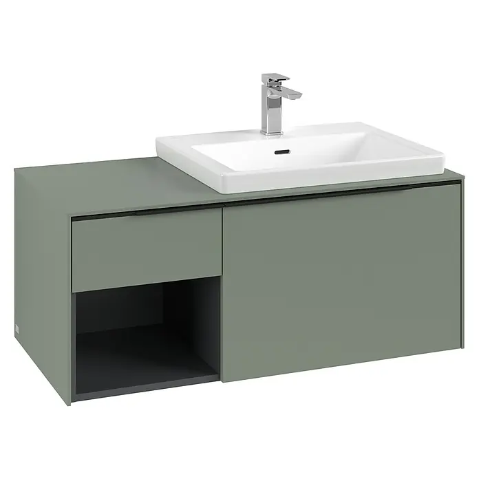 Villeroy & Boch Subway 3.0 Waschbeckenunterschrank - Soft Green, Anzahl Schubladen: 2 Stk., Farbe Griff: Volcano Black, B x T x H: 100,1 x 51,6 x 42,3 cm, Offenes Fach links - Moderne grüngraue Badmöbel mit weißem Keramikwaschbecken, Chromarmatur, integrierter Schublade und offenem Fach.