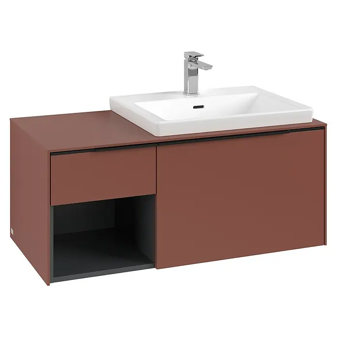 Villeroy & Boch Subway 3.0 Waschbeckenunterschrank - Wine Red, Anzahl Schubladen: 2 Stk., Farbe Griff: Volcano Black, B x T x H: 100,1 x 51,6 x 42,3 cm, Offenes Fach links - Terrakotta-Waschtischunterschrank mit weißem Keramikbecken, Chromarmatur, Schublade und offenem Regal.