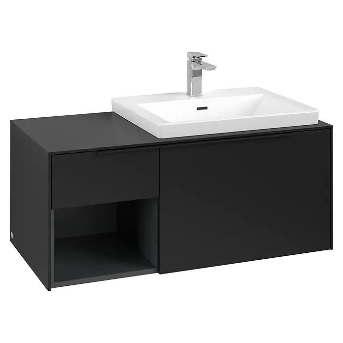 Villeroy & Boch Subway 3.0 Waschbeckenunterschrank - Volcano Black, Anzahl Schubladen: 2 Stk., Farbe Griff: Volcano Black, B x T x H: 100,1 x 51,6 x 42,3 cm, Offenes Fach links - Dunkelgrauer Badunterschrank mit integriertem weißen Waschbecken, Chromarmatur, Schublade und offenem Regal.