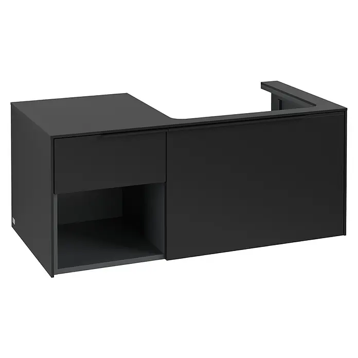 Villeroy & Boch Subway 3.0 Waschbeckenunterschrank - Volcano Black, Anzahl Schubladen: 2 Stk., Farbe Griff: Volcano Black, B x T x H: 100,1 x 51,6 x 42,3 cm, Offenes Fach links - Dunkelgrauer modularer Waschtischunterschrank mit Schublade, offenem Fach und größerem Schrankteil, rechts mit erhöhtem Rand.