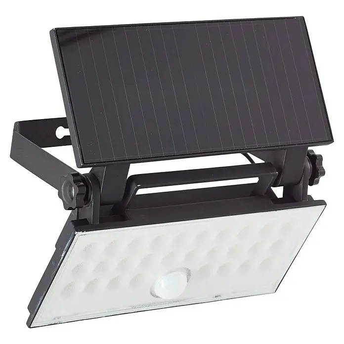 Brilliant Solar-Außenwandleuchte Luton - 6 W, L x B x H: 19,1 x 19,4 x 4,3 cm, Schwarz, IP65, 1.000 lm - Schwarzer Solar-LED-Flutlichtstrahler mit Bewegungsmelder und weißem LED-Panel, angewinkelt für den Außeneinsatz.