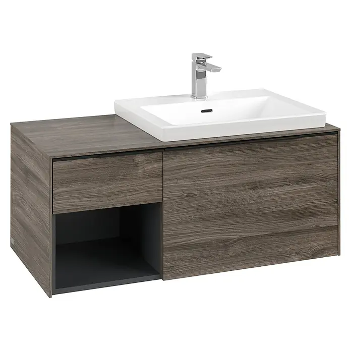 Villeroy & Boch Subway 3.0 Waschbeckenunterschrank - Stone Oak, Anzahl Schubladen: 2 Stk., Farbe Griff: Volcano Black, B x T x H: 100,1 x 51,6 x 42,3 cm, Offenes Fach links - Moderner Badunterschrank aus graubraunem Holz mit weißem Waschbecken und Chromarmatur, mit Schublade und offenem Fach.