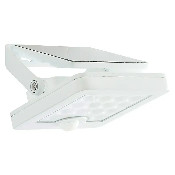 Brilliant Solar-Außenwandleuchte Luton - 4 W, L x B x H: 13 x 12 x 5,4 cm, Weiß, IP65, 540 lm - Weißer Solar-LED-Fluter mit integriertem Solarpanel und Bewegungssensor, von der Seite.