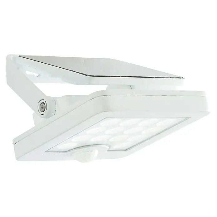Brilliant Solar-Außenwandleuchte Luton - 4 W, L x B x H: 13 x 12 x 5,4 cm, Weiß, IP65, 540 lm - Weißer Solar-LED-Flutlichtstrahler mit Solarpanel, Bewegungssensor und verstellbarem Arm.