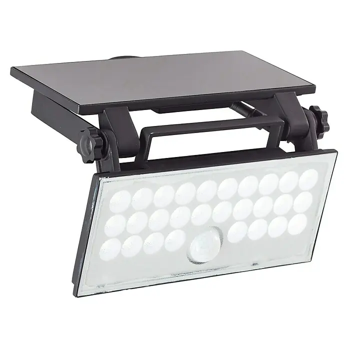 Brilliant Solar-Außenwandleuchte Luton - 6 W, L x B x H: 19,1 x 19,4 x 4,3 cm, Schwarz, IP65, 1.000 lm - Schwarzer Solar-LED-Flutlichtstrahler mit integriertem Solarpanel, verstellbarer Halterung und Bewegungssensor.