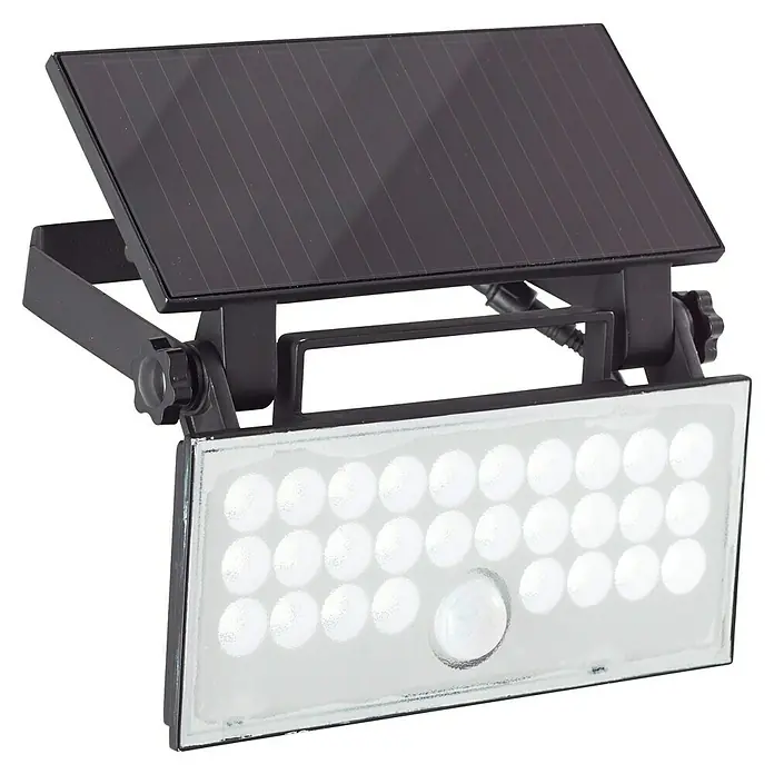 Brilliant Solar-Außenwandleuchte Luton - 6 W, L x B x H: 19,1 x 19,4 x 4,3 cm, Schwarz, IP65, 1.000 lm - Schwarzer solarbetriebener LED-Fluter mit weißem LED-Feld und Bewegungssensor.
