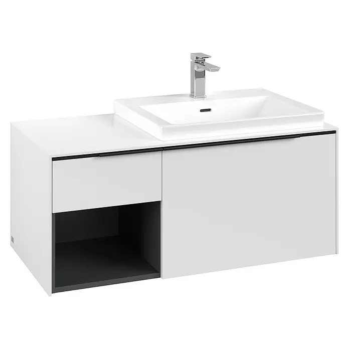 Villeroy & Boch Subway 3.0 Waschbeckenunterschrank - Brilliant White, Anzahl Schubladen: 2 Stk., Farbe Griff: Volcano Black, B x T x H: 100,1 x 51,6 x 42,3 cm, Offenes Fach links - Weißer Badunterschrank mit integriertem rechteckigem Waschbecken und Chromarmatur. Mit Schubladen und offenem Ablagefach.