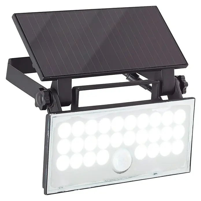 Brilliant Solar-Außenwandleuchte Luton - 6 W, L x B x H: 19,1 x 19,4 x 4,3 cm, Schwarz, IP65, 1.000 lm - Schwarzer Solar-LED-Flutlichtstrahler mit integriertem Bewegungssensor und verstellbarem Solarpanel.