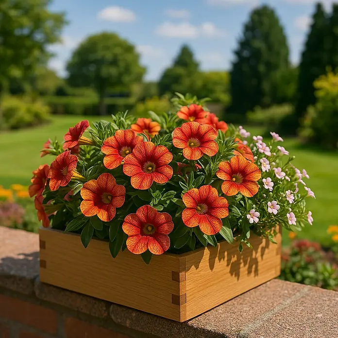 Piardino Hängepetunie - Calibrachoa Hybride Changing Colours, Topfgröße: 12 cm - Ein Holzkasten mit leuchtend orangefarbenen Calibrachoa-Blüten und zarten rosa Blüten, die auf einer Ziegelmauer stehen, umgeben von üppigem Grün.