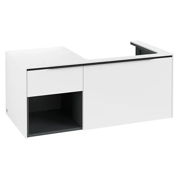 Villeroy & Boch Subway 3.0 Waschbeckenunterschrank - Pure White, Anzahl Schubladen: 2 Stk., Farbe Griff: Volcano Black, B x T x H: 100,1 x 51,6 x 42,3 cm, Offenes Fach links - Weißer Wandwaschtischunterschrank mit dunkelgrauer Schublade, offenem Fach und Beckenausschnitt. Schwarzer Griff.