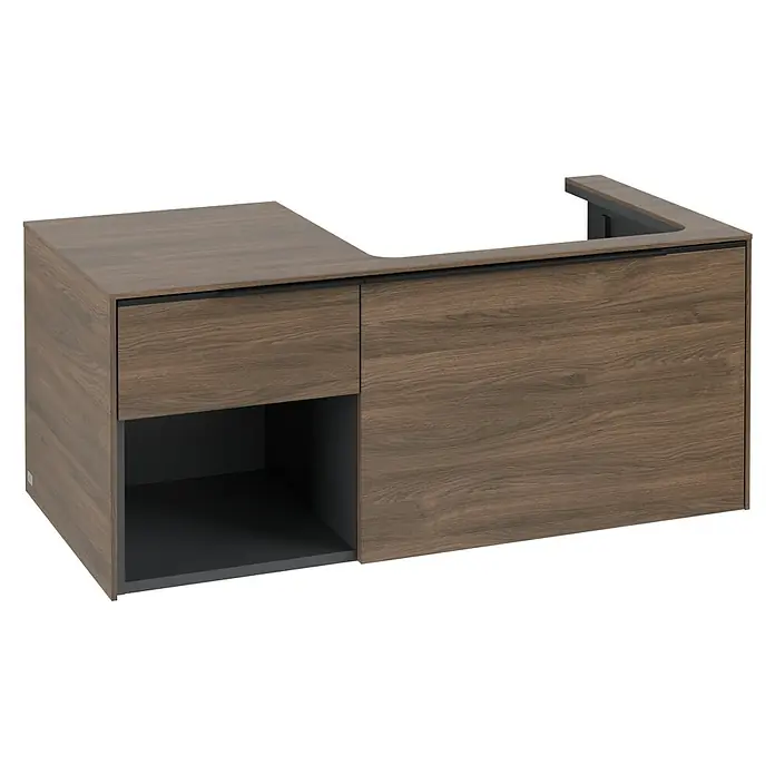Villeroy & Boch Subway 3.0 Waschbeckenunterschrank - Arizona Oak, Anzahl Schubladen: 2 Stk., Farbe Griff: Volcano Black, B x T x H: 100,1 x 51,6 x 42,3 cm, Offenes Fach links - Dunkle Holz-Waschtischunterschrank zur Wandmontage mit Schublade, offenem Fach und Beckenausschnitt.