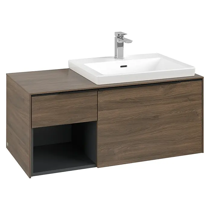 Villeroy & Boch Subway 3.0 Waschbeckenunterschrank - Arizona Oak, Anzahl Schubladen: 2 Stk., Farbe Griff: Volcano Black, B x T x H: 100,1 x 51,6 x 42,3 cm, Offenes Fach links - Dunkelbrauner Badunterschrank aus Holz mit weißem Keramikwaschbecken und Chromarmatur, inklusive Schublade und offenem Fach.