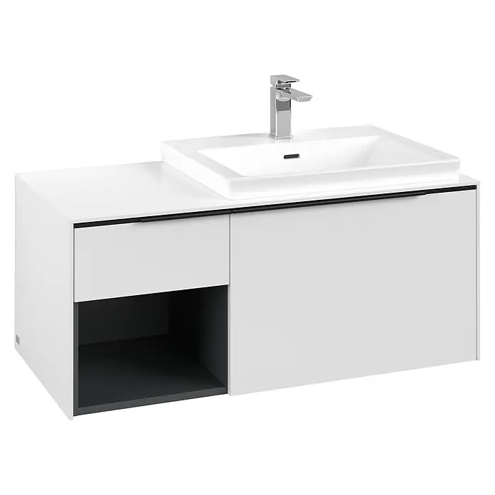 Villeroy & Boch Subway 3.0 Waschbeckenunterschrank - Pure White, Anzahl Schubladen: 2 Stk., Farbe Griff: Volcano Black, B x T x H: 100,1 x 51,6 x 42,3 cm, Offenes Fach links - Weißer moderner Badunterschrank mit Aufsatzwaschbecken, Chromarmatur, Schublade und offenem dunklen Fach.