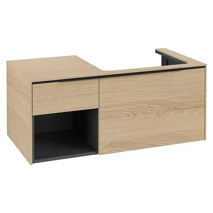 Villeroy & Boch Subway 3.0 Waschbeckenunterschrank - Nordik Oak, Anzahl Schubladen: 2 Stk., Farbe Griff: Volcano Black, B x T x H: 100,1 x 51,6 x 42,3 cm, Offenes Fach links - Heller Eichenholz-Waschtischunterschrank mit schwarzem Griff, offenem Fach und oberer Aussparung.