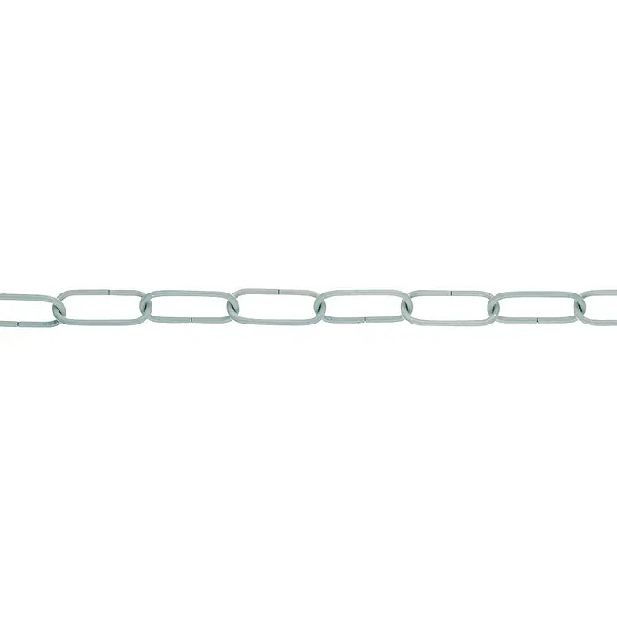 Stabilit Zierkette Meterware - Durchmesser: 2,5 mm, Stahl, Weiß - Nahaufnahme einer silbernen, robusten Kette mit länglichen Gliedern, ideal für Sicherheitszwecke und dekorative Anwendungen.