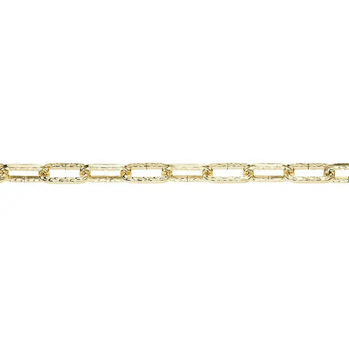 Stabilit Zierkette MeterwareDurchmesser: 3 mm, Altmessingfarben - Nahaufnahme einer goldenen Kette mit rechteckigen Gliedern und einer strukturierten Oberfläche, die sich horizontal über einen weißen Hintergrund erstreckt.