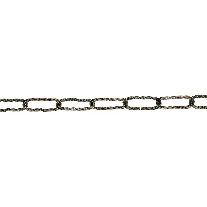 Stabilit Zierkette Meterware - Durchmesser: 4 mm, Altkupferfarben - Nahaufnahme einer gedrehten, bronzefarbenen Gliederkette auf weißem Grund. Die Kette wirkt robust und dekorativ.