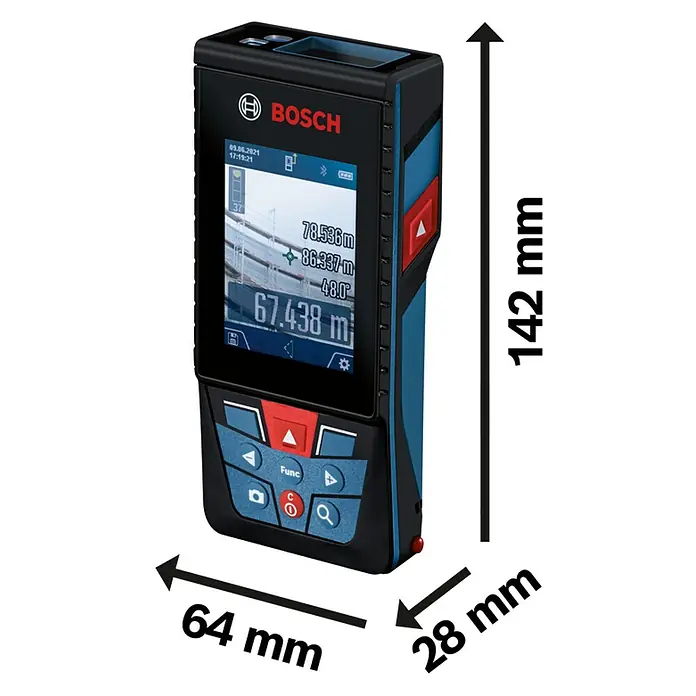 Bosch Professional Laserentfernungsmesser GLM 150-27 C - Messbereich: 0,08 - 150 m - Produktbild eines Bosch GLM 120 C Professional Laser-Entfernungsmessers mit Maßangaben.