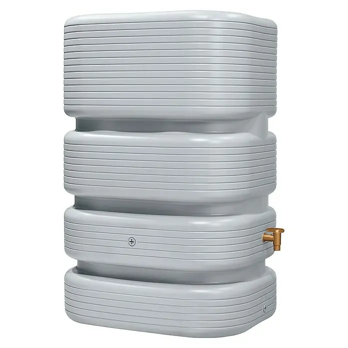 4rain Regenspeicher Quadro - 500 l, Betongrau - Grauer, moderner Regenwassertank mit stilvollem Design und einem goldenen Wasserhahn für die einfache Wasserentnahme im Garten.