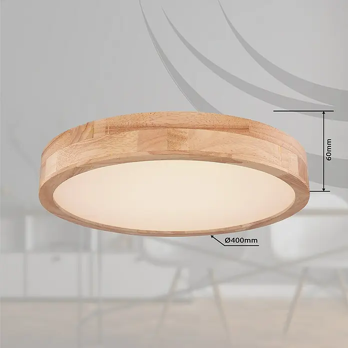 Globo LED-Deckenleuchte rund RAINER - 24 W, Ø x H: 40 x 10,5 cm, Holz, Mehrfarbig - Nahaufnahme einer runden Holzdeckenleuchte mit warmweißem Licht und Maßangaben im Raum.