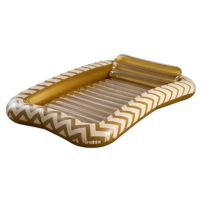 Luftmatratze Tanning Pool - L x B: 180 x 122 cm, Gold/Beige - Aufblasbare Sonnenliege mit Chevron-Muster und goldener Kopfstütze für entspanntes Sonnenbaden im Sommer.