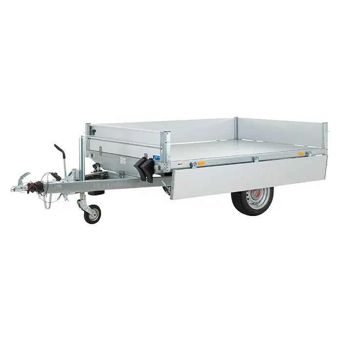 Stema Kippanhänger Rocko 1500 - Nutzlast: 1.044 kg, Einachser, Kasteninnenmaß: 231 × 153 x 30 cm, Gebremst - Einachsiger Anhänger aus verzinktem Stahl mit hellgrauen Seitenwänden, Deichsel und Stützrad.